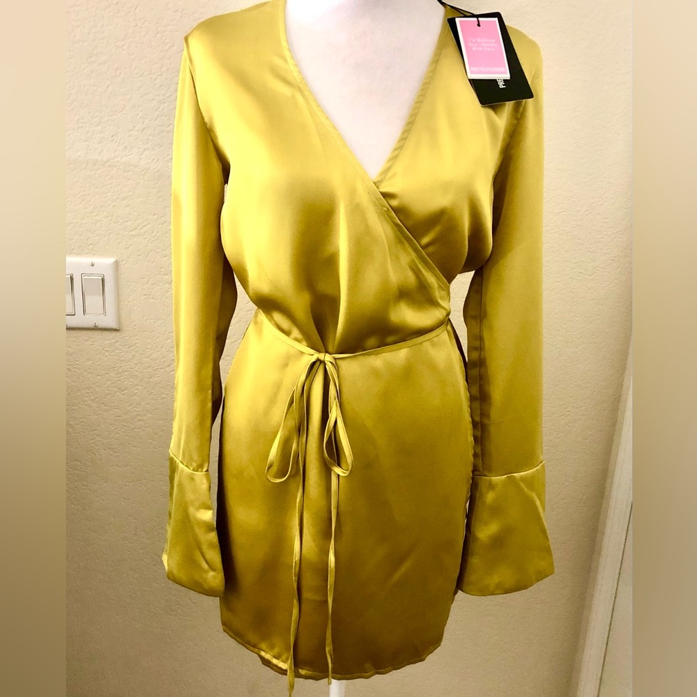 PrettyLittleThing Satin Chartreuse Mini Dress